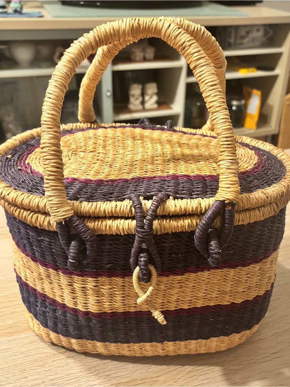 Handwoven Straw Basket Tote in Natural, Dark Brown & Burgundy